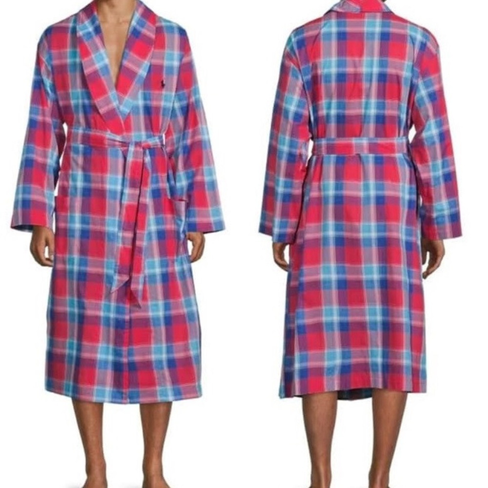 Polo Ralph Lauren Men's Madras Plaid Robe Red Blue Cotton Belted Pockets S-M